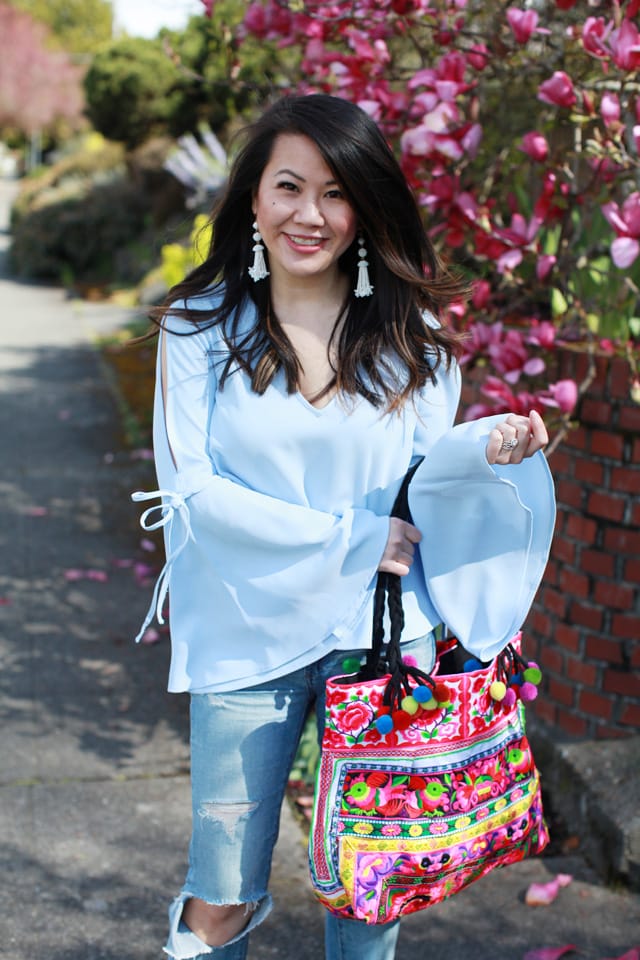 Spring outfit ideas - Bell Sleeves Tie top + Tassel earrings + Embroidered Tote Bag