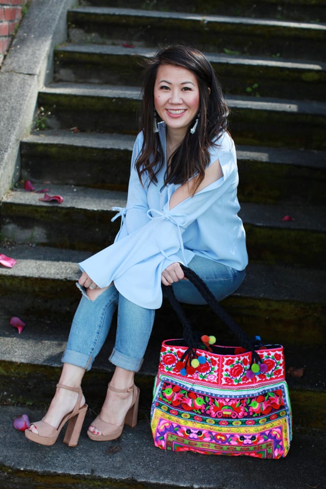Spring outfit ideas - Bell Sleeves Tie top + Tassel earrings + Embroidered Tote Bag