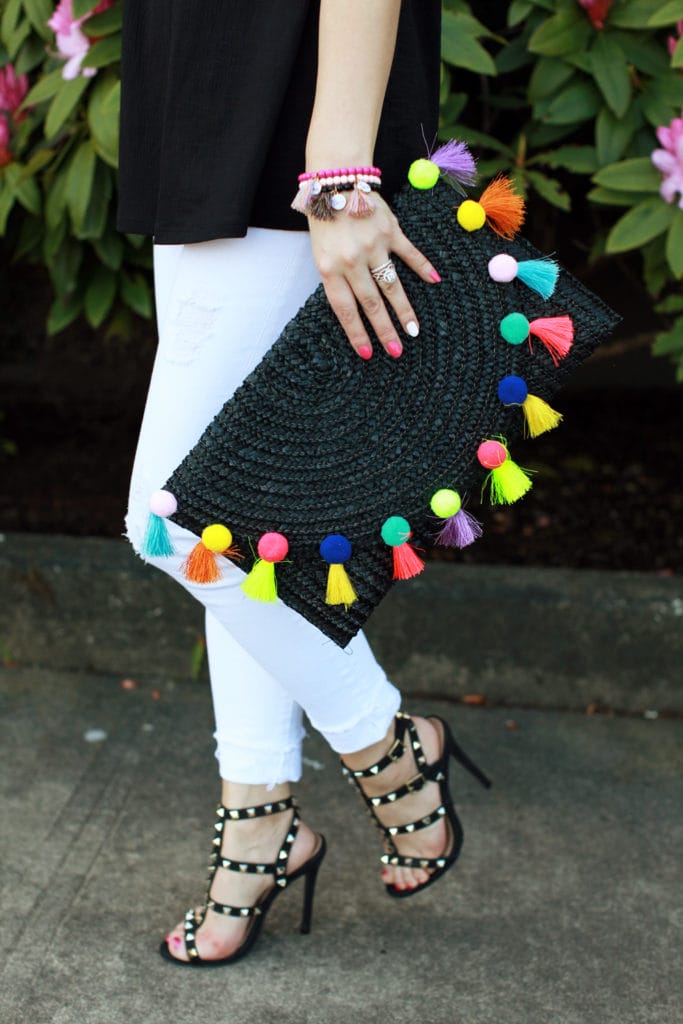 The perfect spring accessories - pom pom clutch and studded shoes