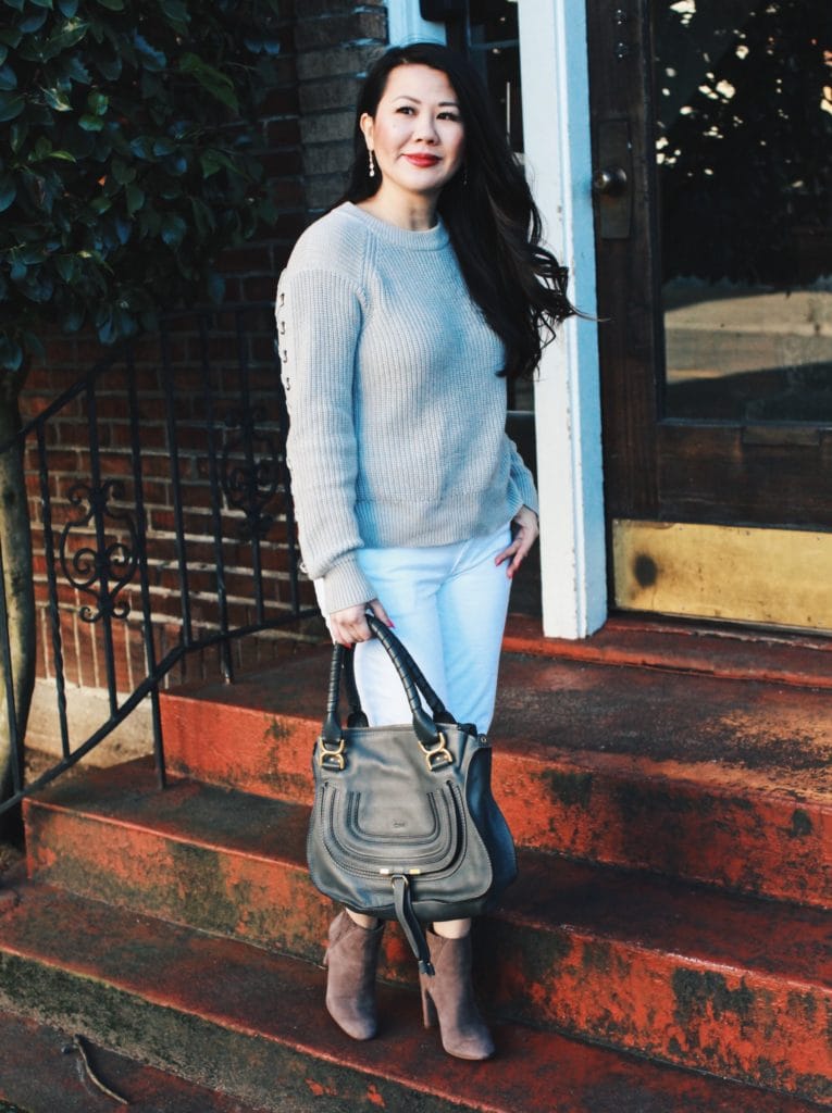 Winter Outift - Grommet sweater and white jeans