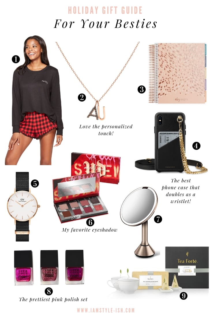 ultimate gift guide for besties, gift ideas for your best friend, necklaces, cute pjs, beauty gifts
