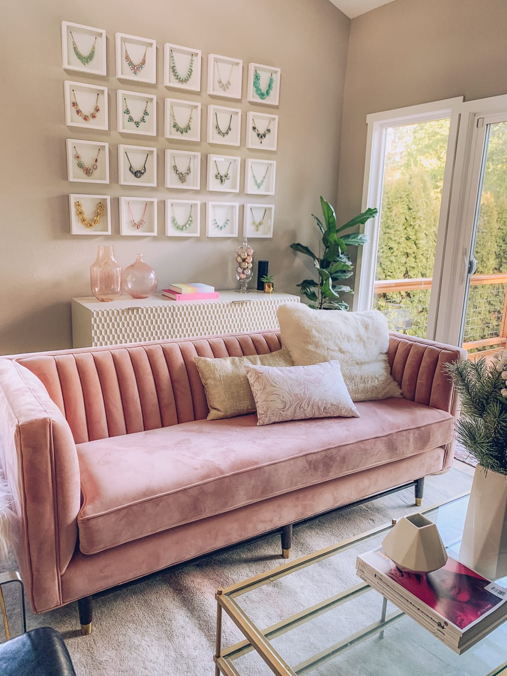 blush pink living room decor