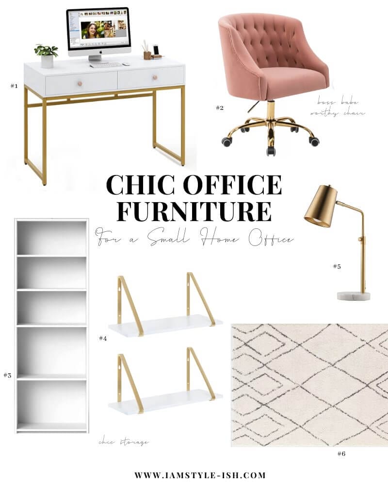 Chic Ideas for a Small Home Office, home office ideas, home office organization, home office decor, chic office decor, chic office organization, office organization ideas, chic office furniture, office furniture ideas, chic home office furniture, home office style, home office inspiration, office inspiration, boss babe ideas, boss babe inspiration, work from home ideas, work from home inspiration, small office ideas, small office space inspiration, small office decorating ideas, how to decorate a small office, how to style a small office, pink office chair, white and gold office, white and gold desk, white office, modern office, girly office 