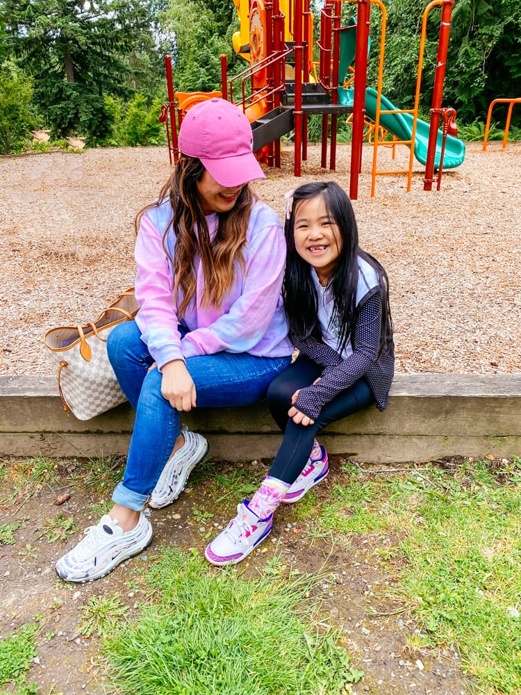Mom and daughter at the park, tie dye sweatshirt