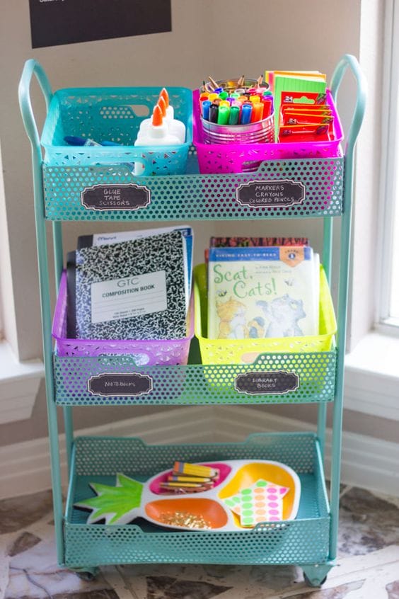 How to organize school supplies for a homework station