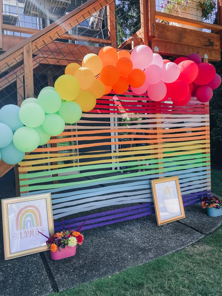 Rainbow wall and balloons for birthday party