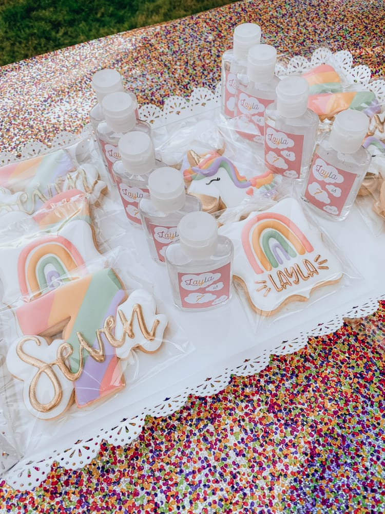 Rainbow Birthday Party Favors Cookies and hand sanitizers