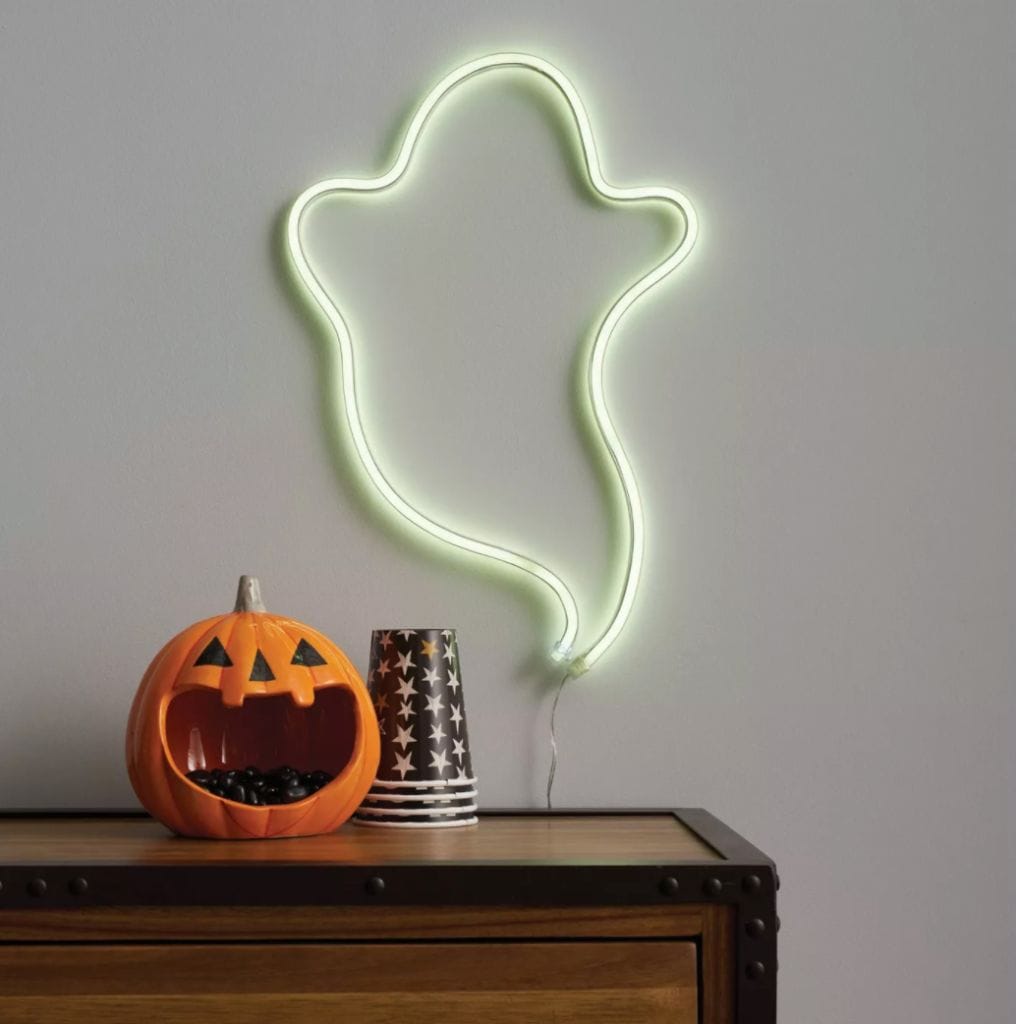 white neon ghost sign halloween decor ideas