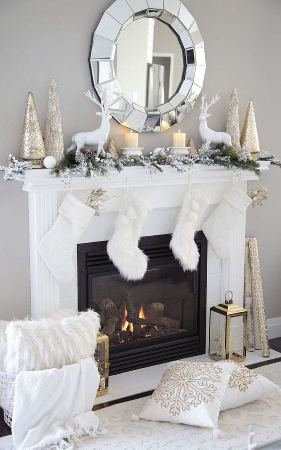 gold and white christmas mantle decor