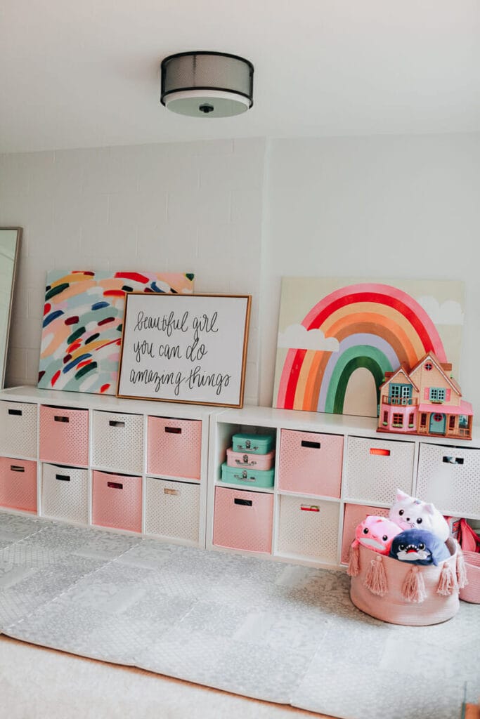 hidden toy storage with fabric cubes