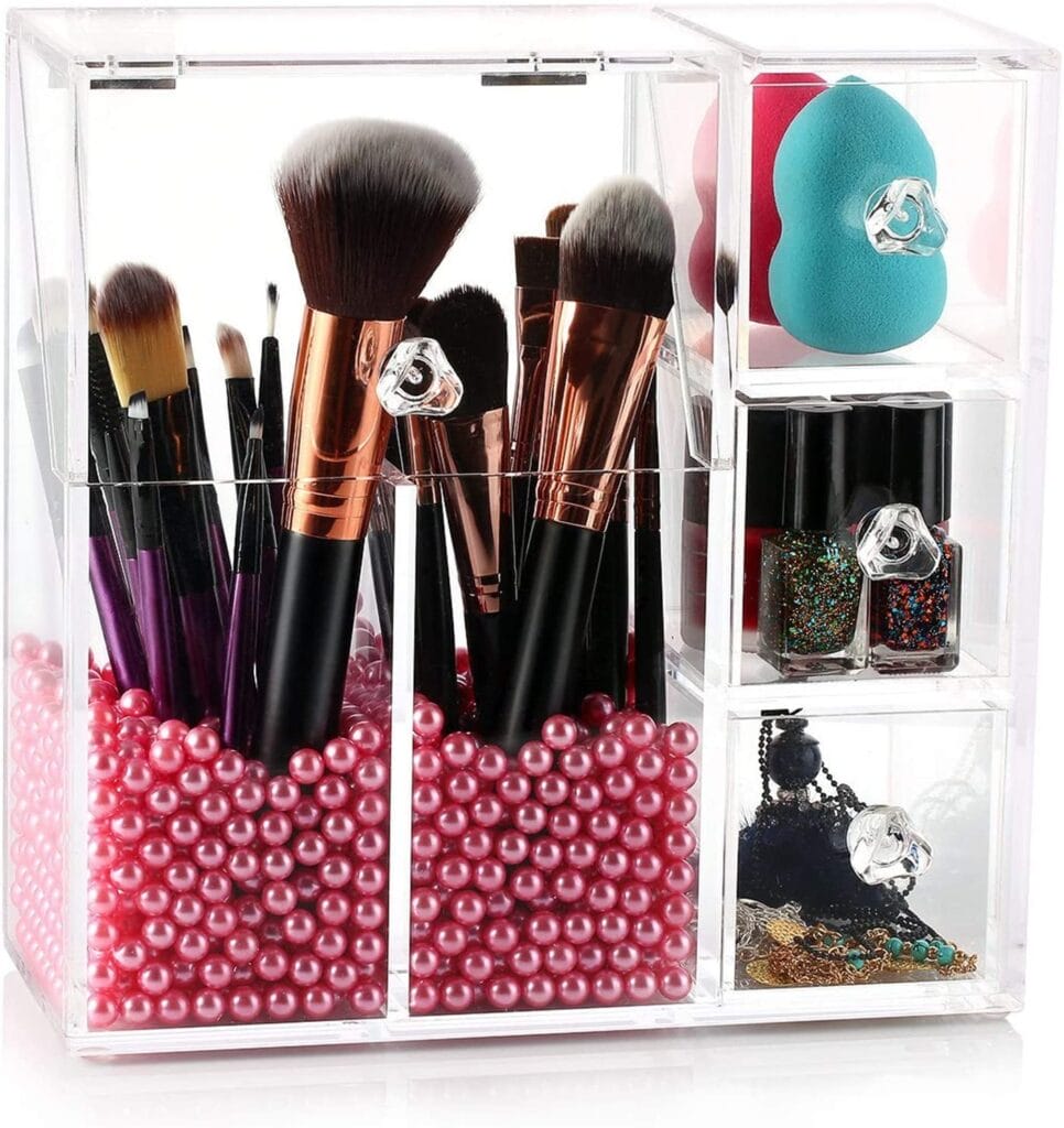 makeup brush holder with drawers and cover