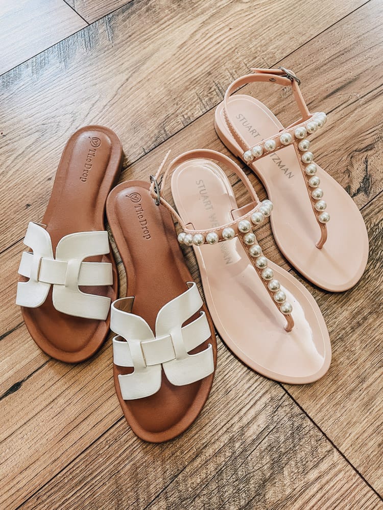 white sandals and pearl sandals