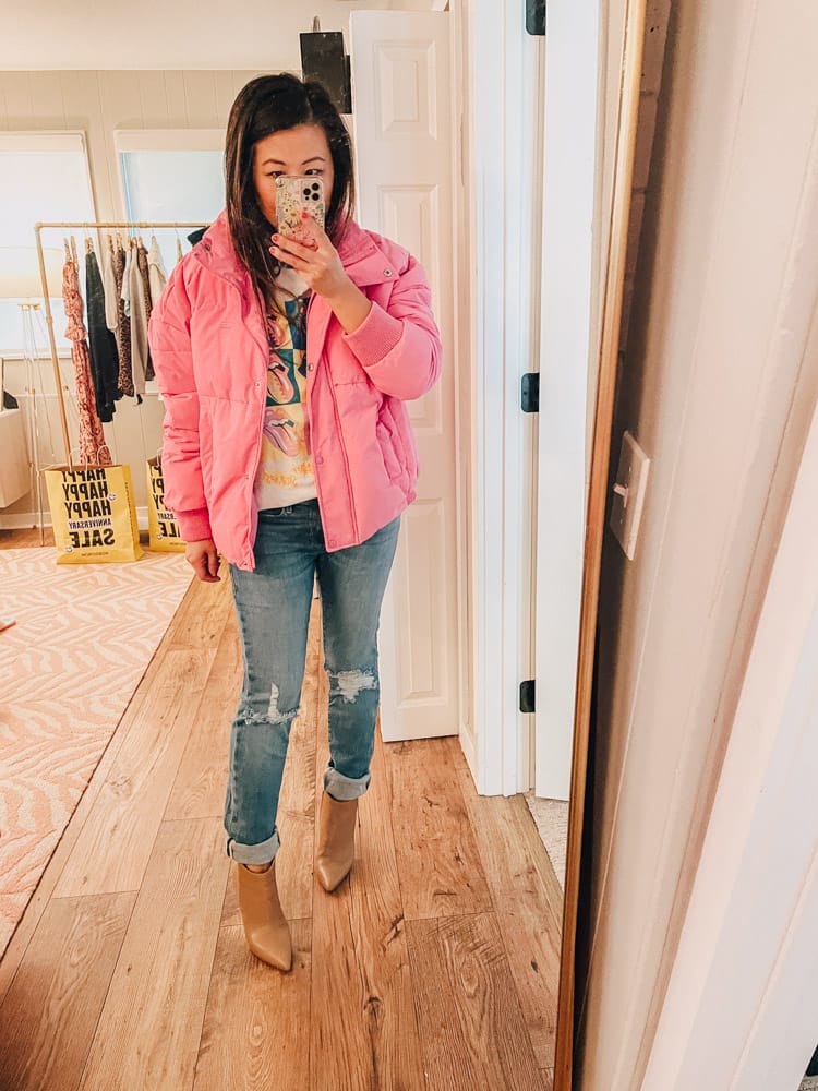 pink jacket and graphic tee outfit