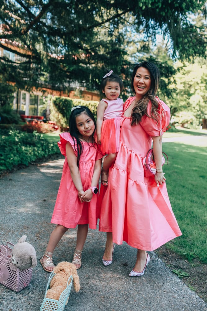 mom and girls matching pink dresses