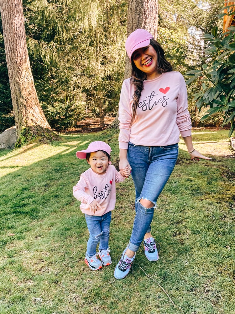 mom and toddler in pink besties shirts