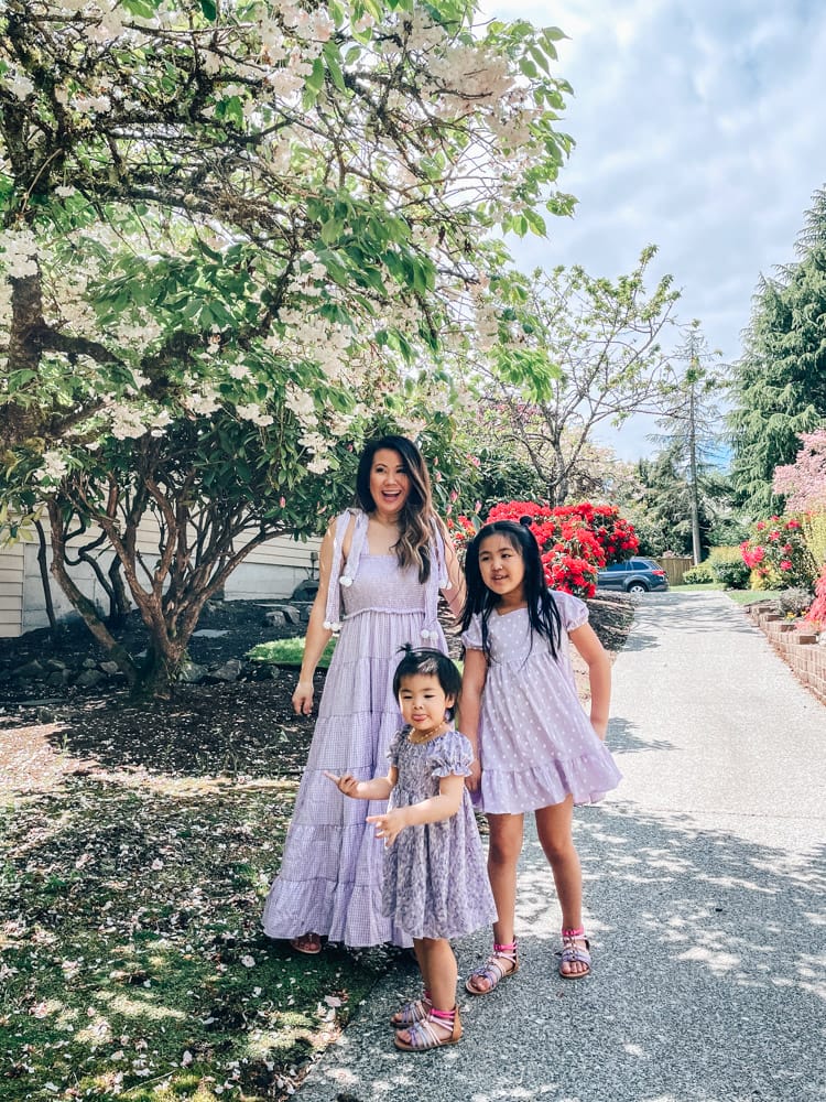 mom and daughters in lavender dresses