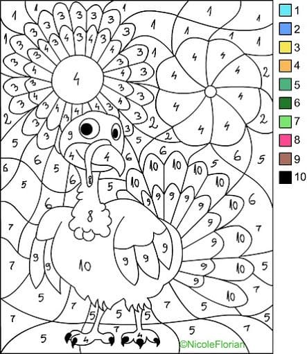 Thanksgiving Turkey and Flowers Color By Number sheet