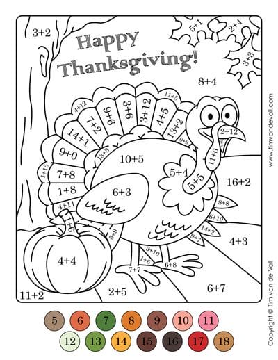 Happy Thanksgiving Addition Equations Color By Number Page