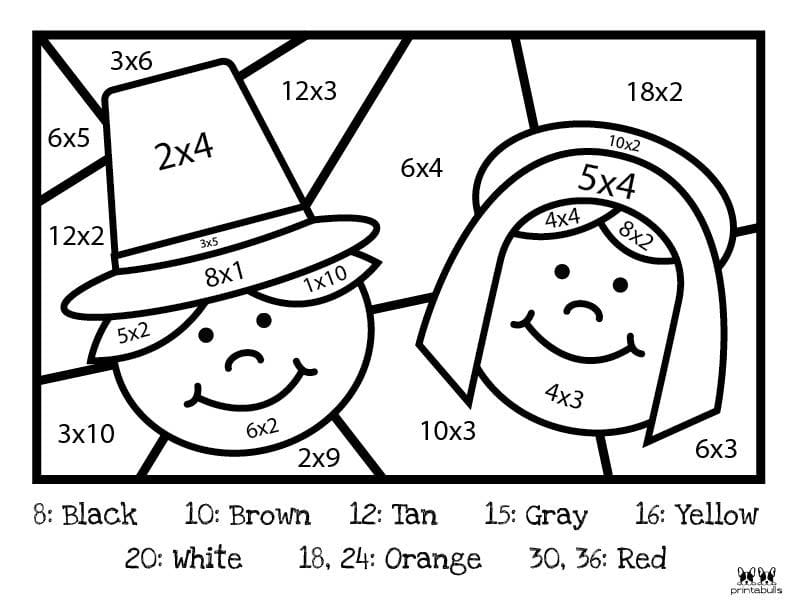 Thanksgiving Pilgrims Color By Number Page with Multiplication Equations