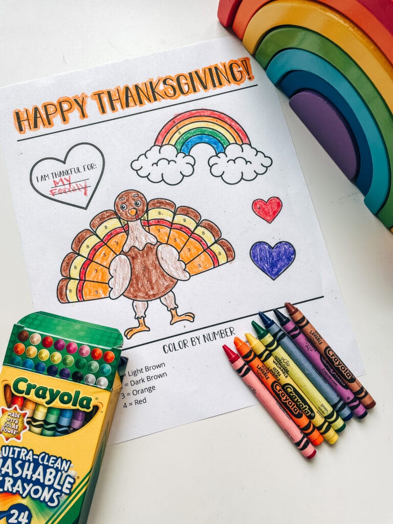 crayons and color by number thanksgiving page