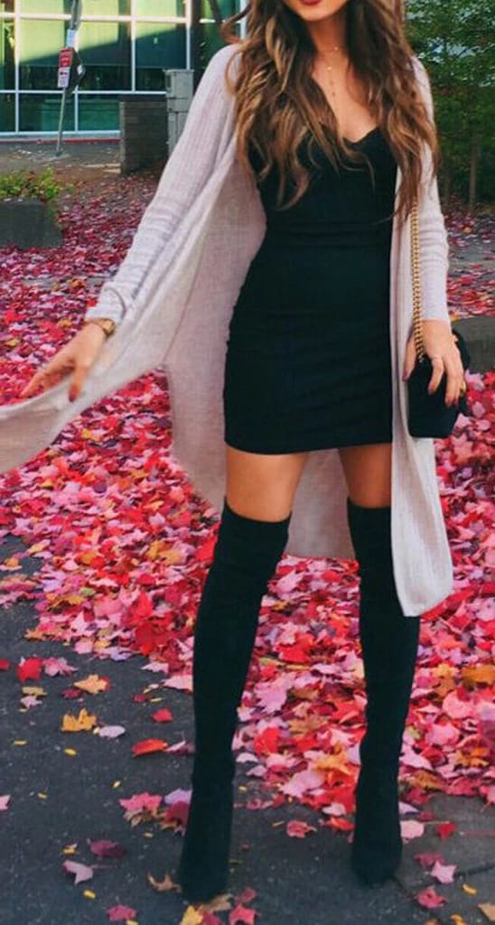 dress and cardigan with boots