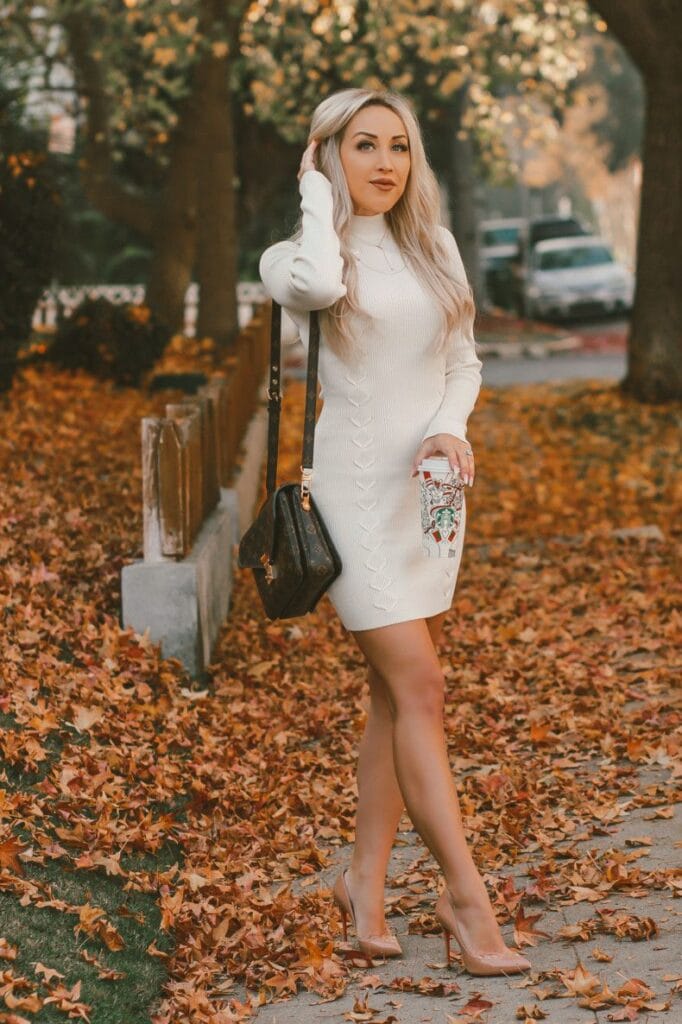 sweater dress and heels for fall