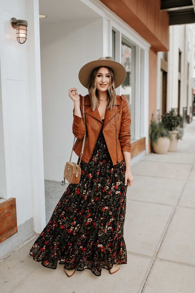 Floral Maxi Dress with Leather Jacket