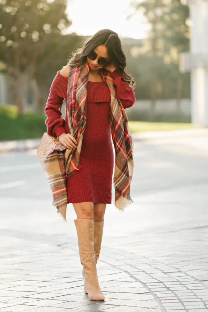 sweater dress with knee-high boots