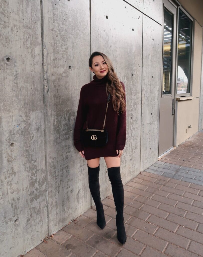 sweater dress and over the knee boots