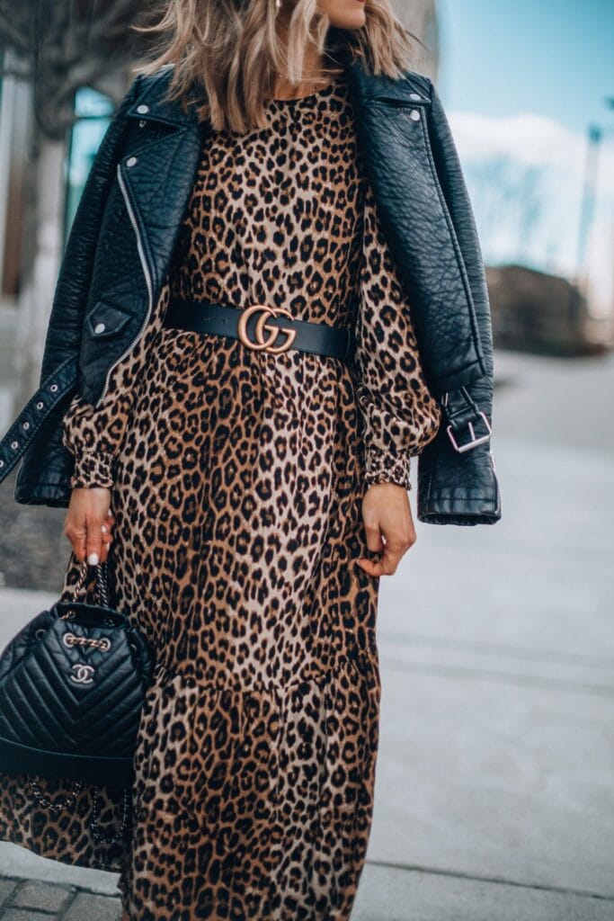 Leopard Maxi Dress with Leather Jacket
