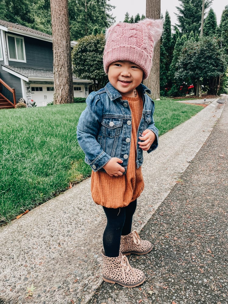 toddler girl wearing jean jacket and boots