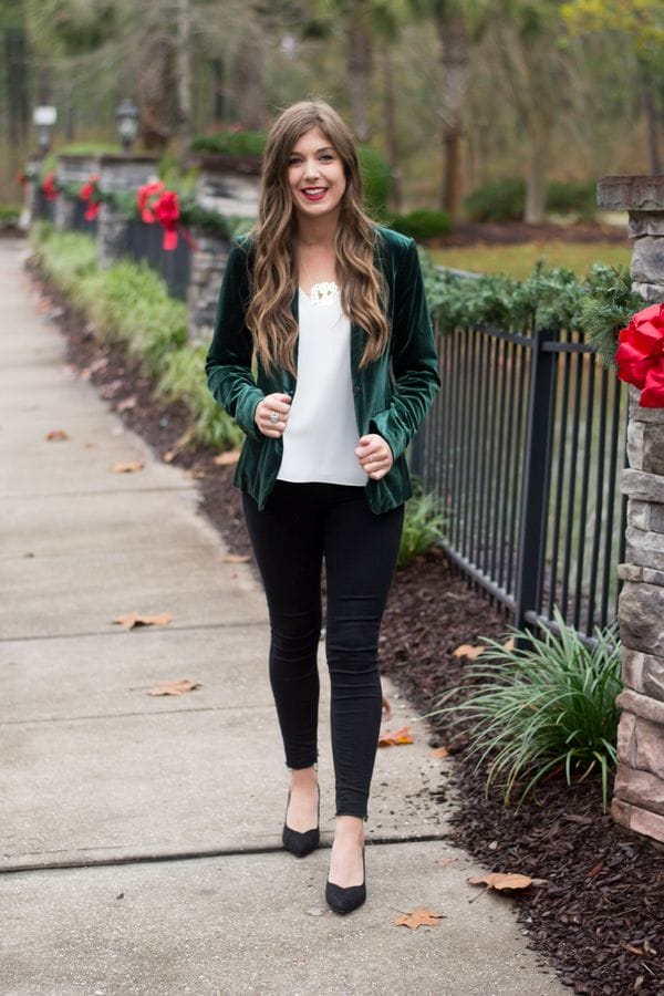 green blazer Christmas outfit idea