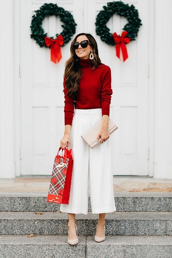 Red sweater and white pants for christmas