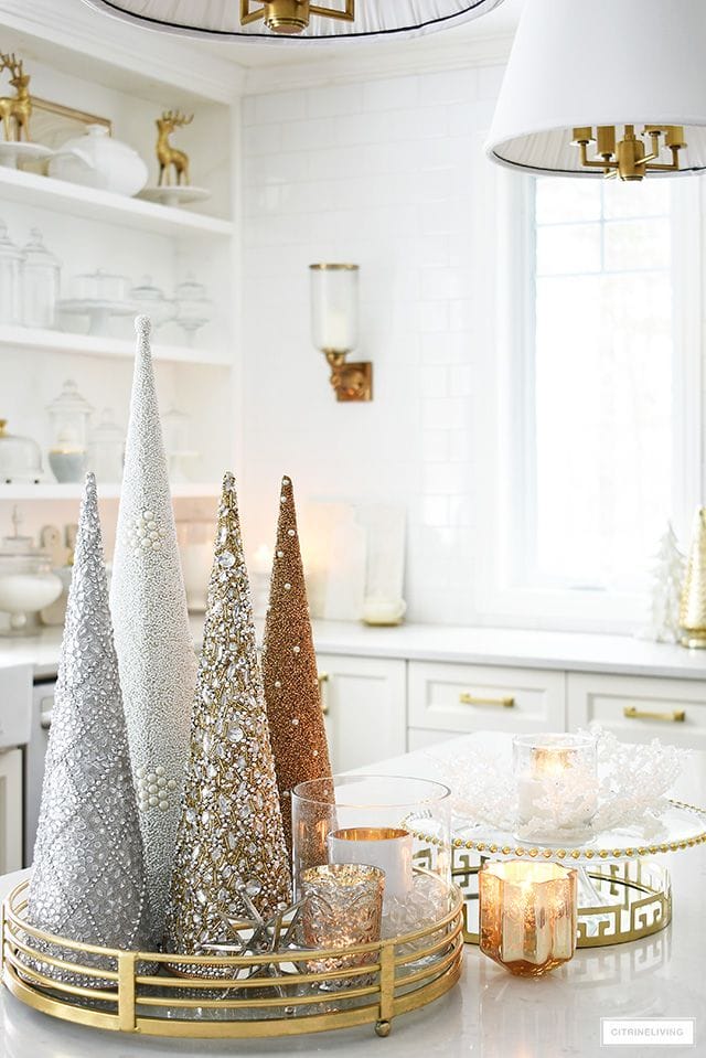 Kitchen Counter Christmas Decor Ideas - Metallic Trees