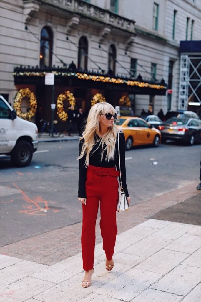 red pants Christmas outfit idea