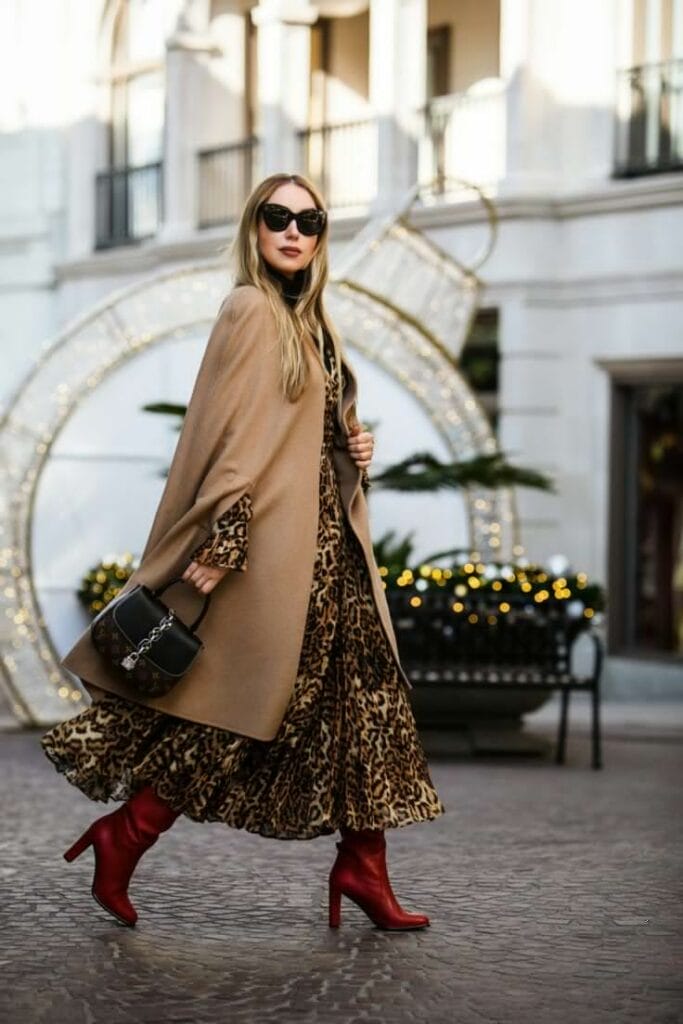 camel coat and maxi dress outfit