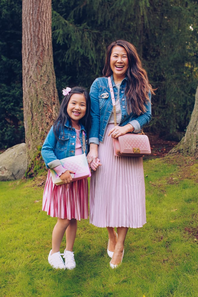 mommy and me denim jacket and dress outfit idea