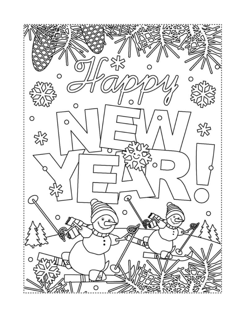 Snowman Happy New Year Coloring Page