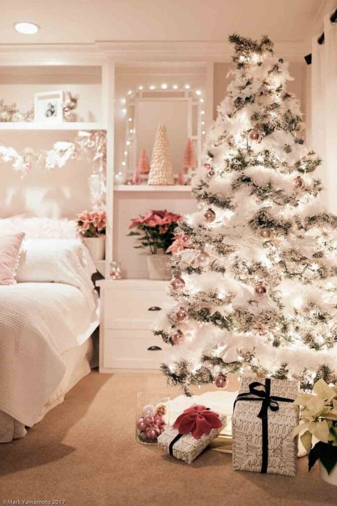 pretty white and pink christmas bedroom decor