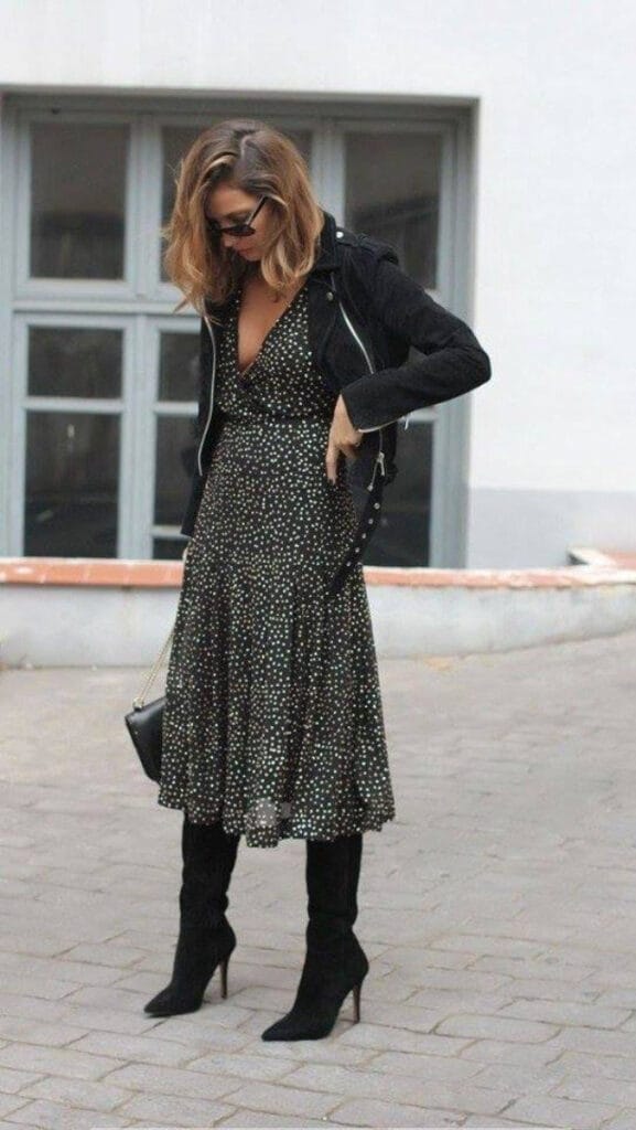 cropped jacket and polka dot dress outfit