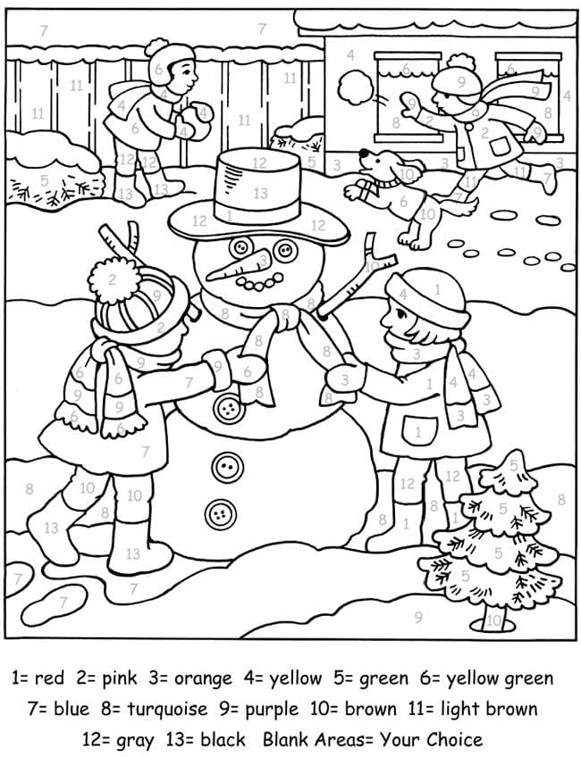 SNOWMAN COLOR BY NUMBER PRINTABLE