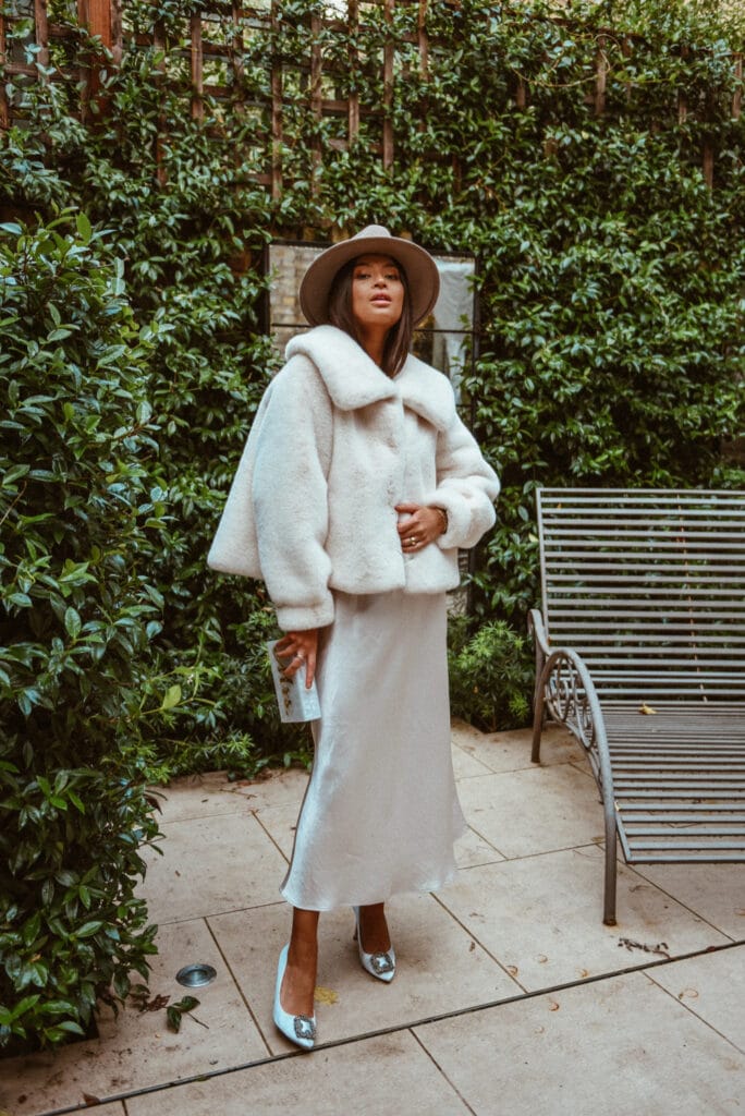 faux fur jacket and dress evening outfit