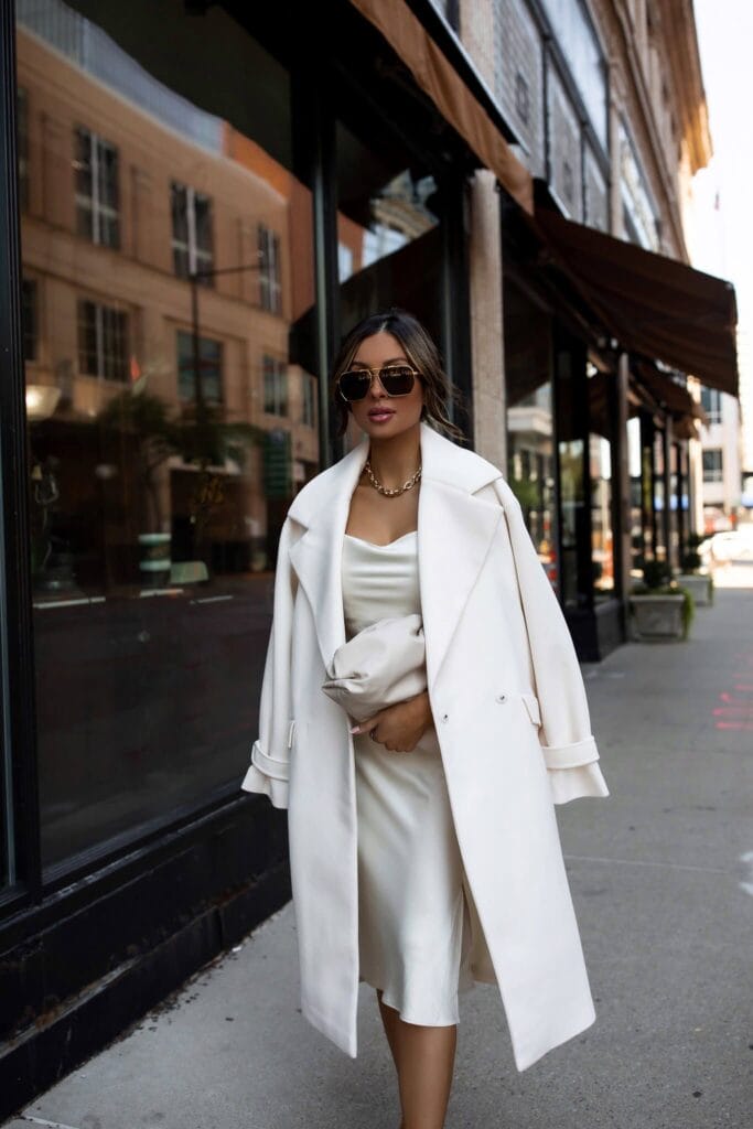 white wool coat and dress outfit