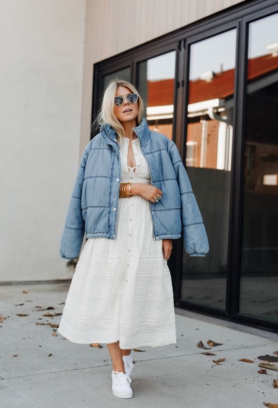 casual puffer coat dress outfit