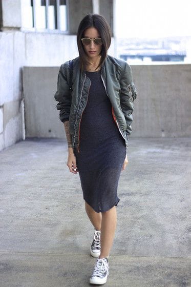 bomber jacket and dress outfit idea