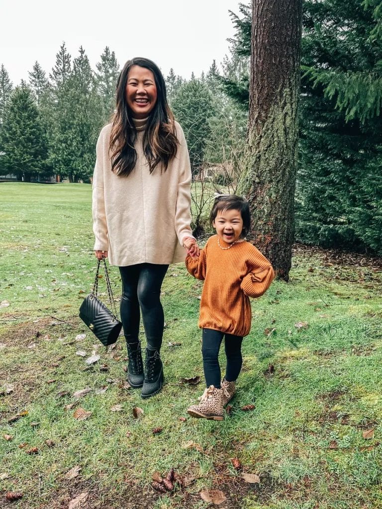 mom and daughter wearing flat booties