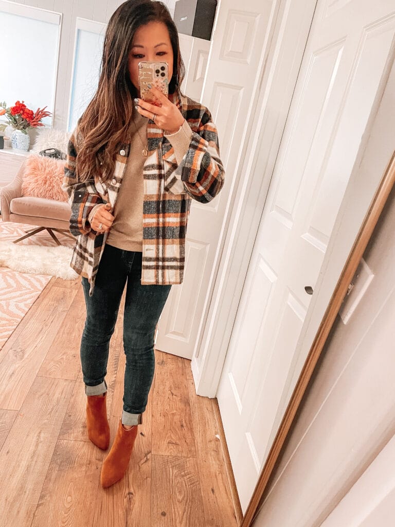 plaid shacket and jeans and booties
