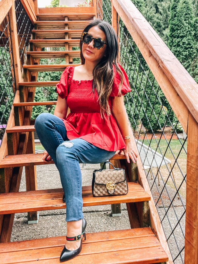 red top and jeans outfit