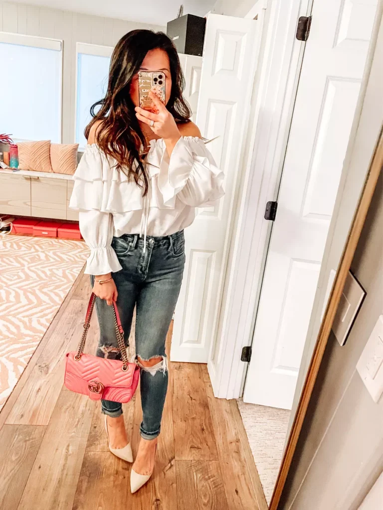 off shoulder top and jeans