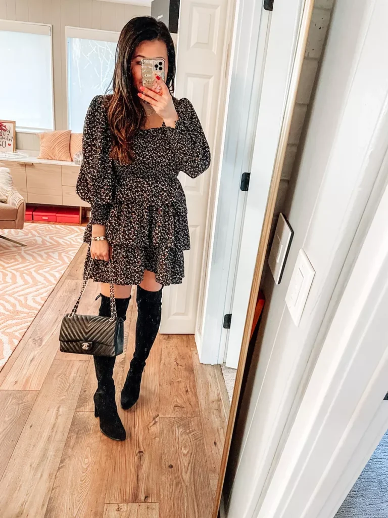 over the knee boots and dress winter outfit